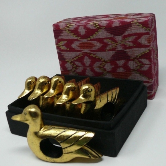 Napkin Rings Gold Ducks Carved Wood Boxed Set of Six Bali - Picture 2 of 8